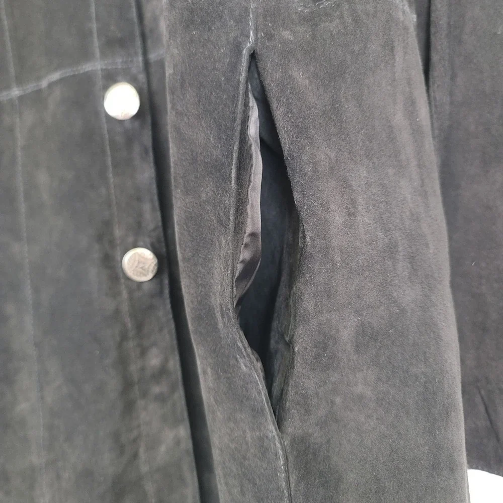 Chicos Vintage Black Suede Long Jacket Button Front Collared Size 3 / X-Large